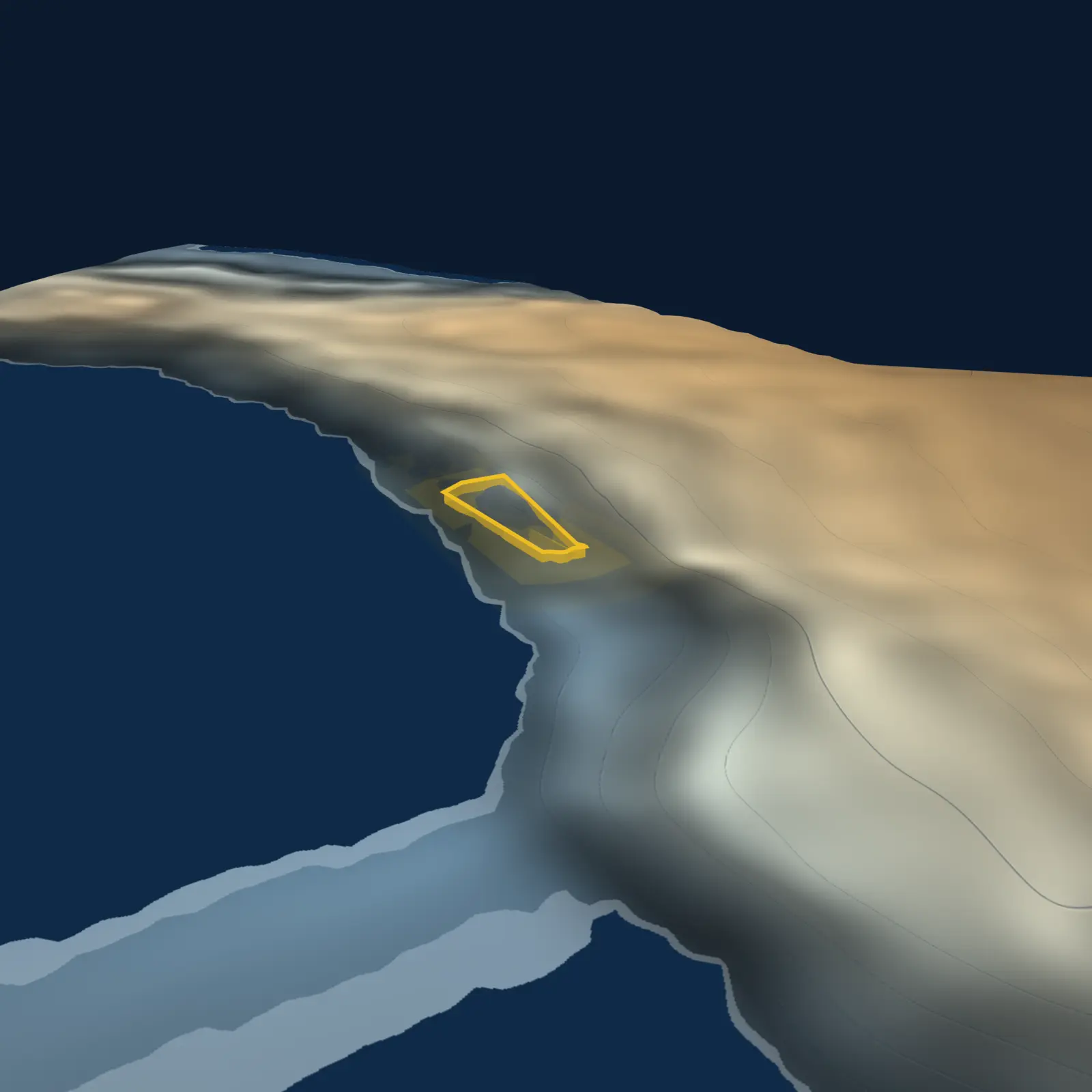 A KRAYN 3D terrain model of 8 Bay St, Greenwich NSW — a low frontal view of the escarpment dropping to the harbour, the parcel picked out mid-slope. A computed model, not a photograph.